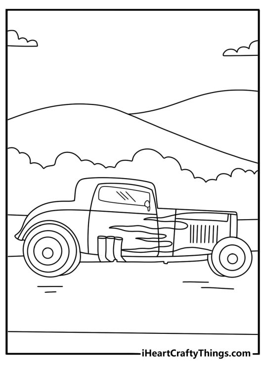 Street rod Hot Rod with side pipes on open highway coloring page