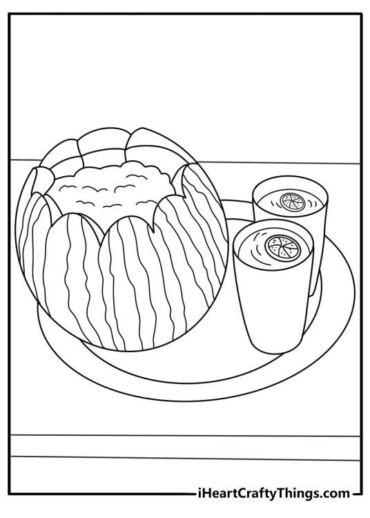 Summer watermelon coloring pages with wedges in a bowl beside lemonade