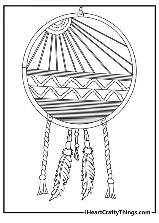 Sun motif dream catcher with braided ring detailed coloring page for adults