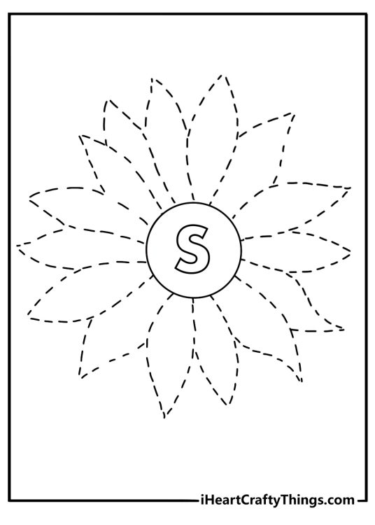 Sunflower alphabet letter S tracing coloring sheet for preschool kids