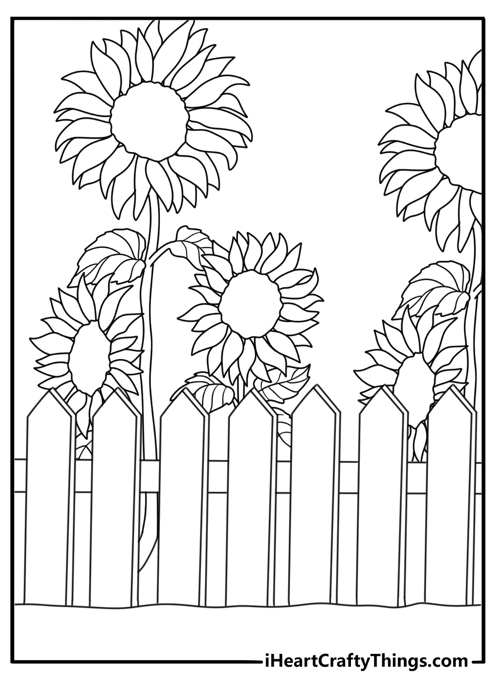Sunflower arch over picket fence garden scene coloring page for kids