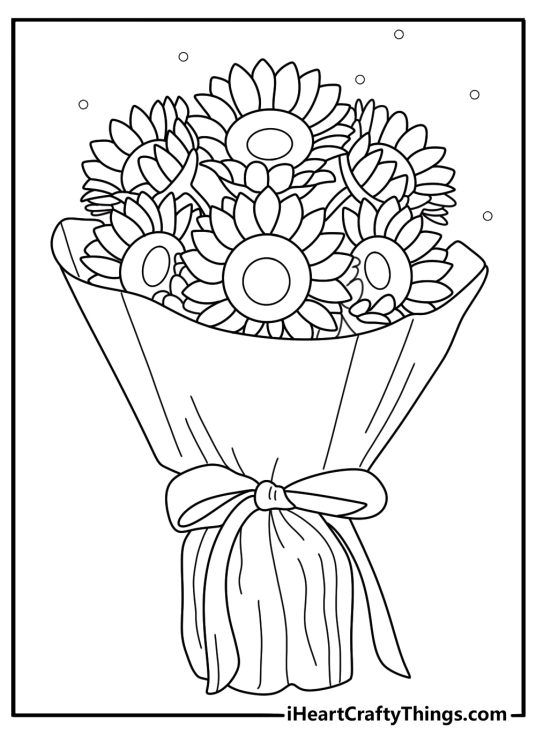 Sunflower bouquet tied with ribbon cute coloring printable download
