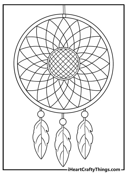 Sunflower center dream catcher with leaf tassels cute coloring printable pdf