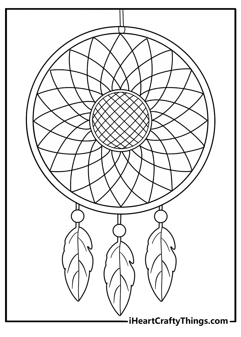 Sunflower center dream catcher with leaf tassels cute coloring printable pdf