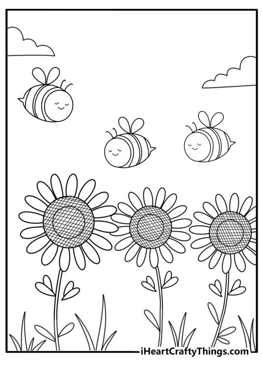 Sunflower field with busy bees detailed coloring page printable