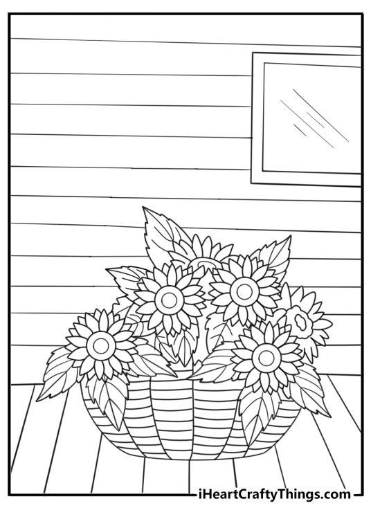 Sunflower in hanging basket porch scene simple coloring sheet for kids