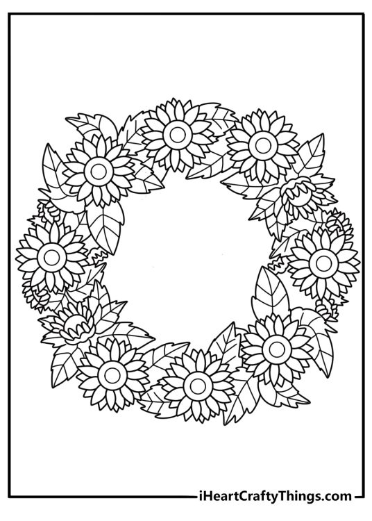 Sunflower wreath with leaves printable coloring page PDF