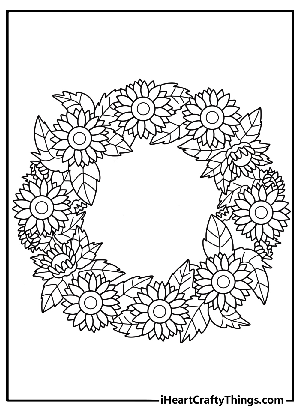 Sunflower wreath with leaves printable coloring page PDF