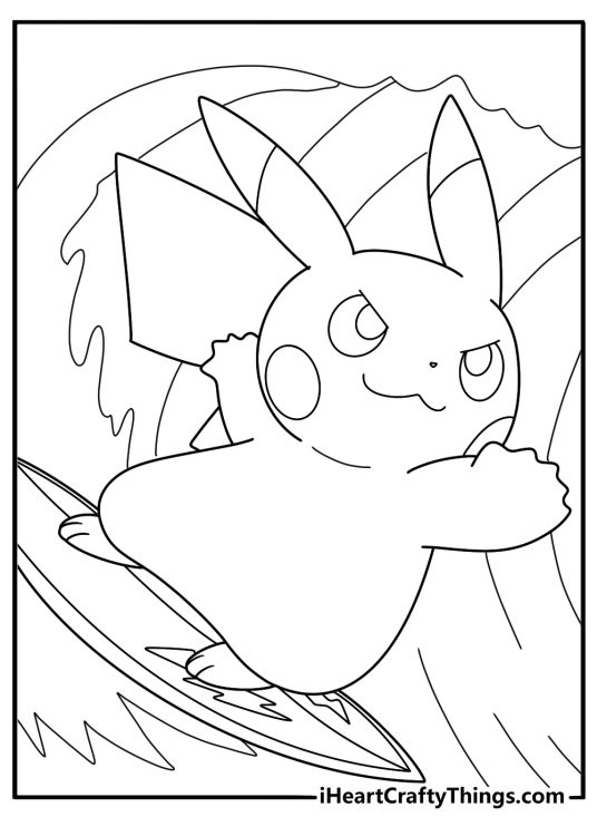 Surfing Pikachu on a small board riding a wave printable coloring page for kids pdf