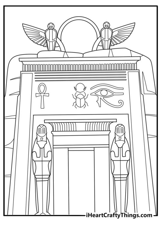 Temple entrance pylon with banners and tall statues historical coloring page PDF