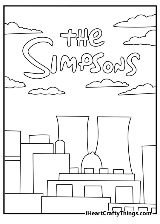 The Simpsons coloring page showing town skyline with clouds
