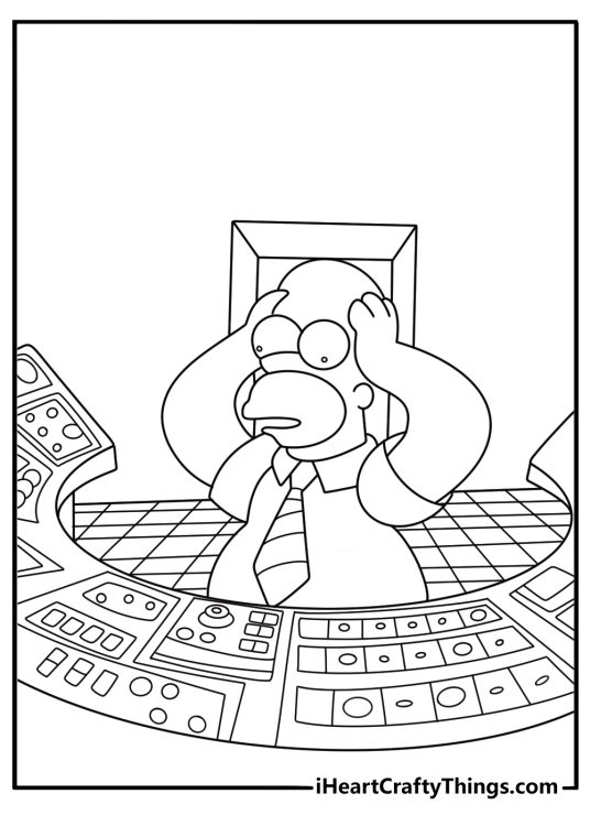 The Simpsons coloring page with Homer at nuclear plant control panel