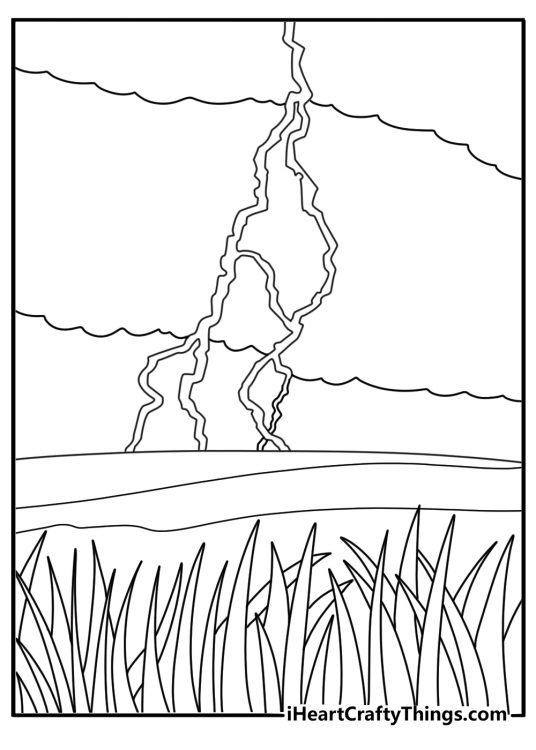 Thunderstorm over open prairie with lightning bolts detailed coloring page