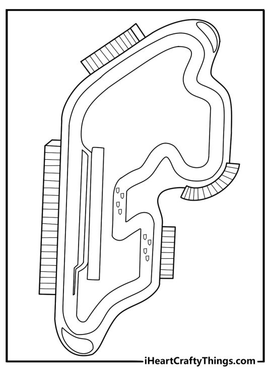 Top view race track map with arrows and a small race car icon fun coloring page pdf