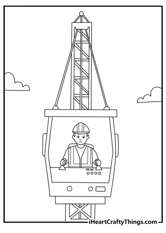 Tower crane operator cabin high above skyline printable coloring page