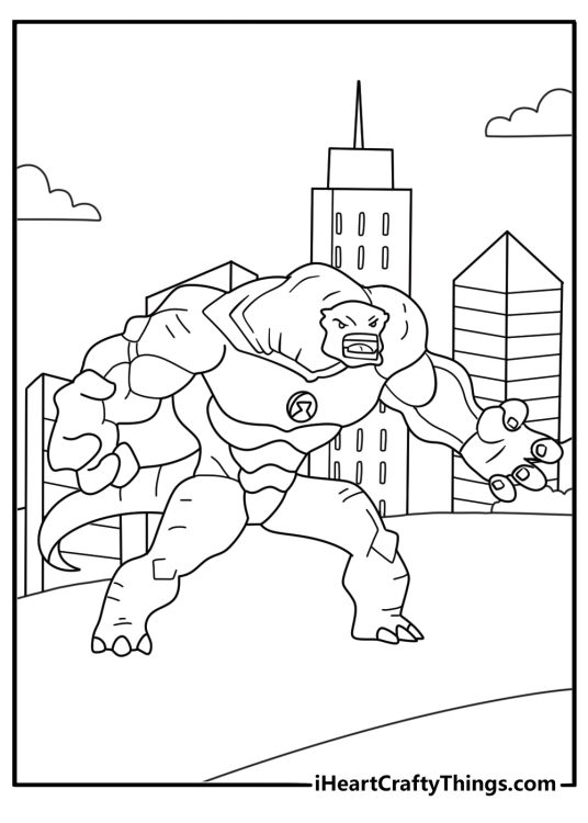 Ultimate Alien Ben 10 coloring pages with Humungousaur roaring in a city