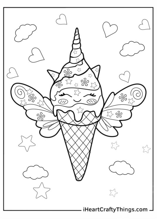 Unicorn Kawaii Themed Ice Cream Coloring Page For Kids