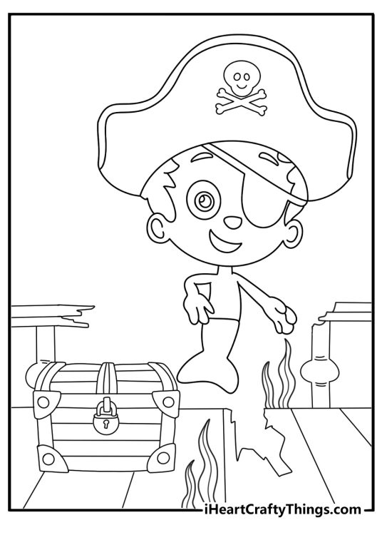 Untitled_Artwork Simple Bubble Guppies coloring page showing Gil exploring a treasure chest on ocean floor