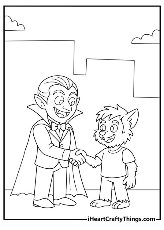Vampire and friendly werewolf shaking hands in a quiet town at night printable page