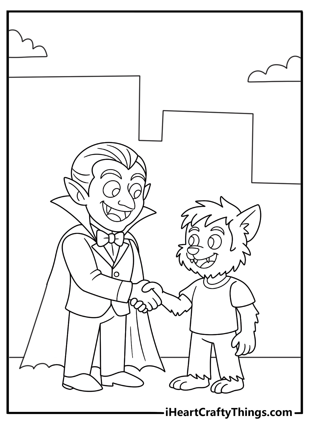 Vampire and friendly werewolf shaking hands in a quiet town at night printable page