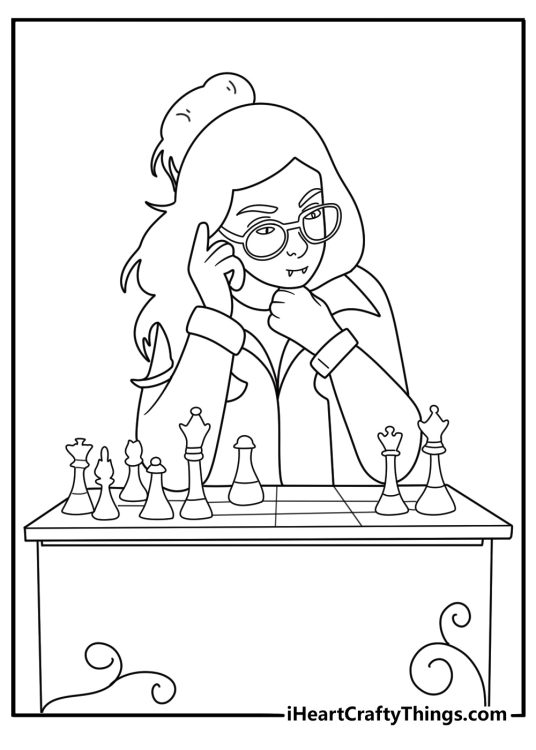 Vampire at a chess table planning strategy in a gothic study printable coloring page