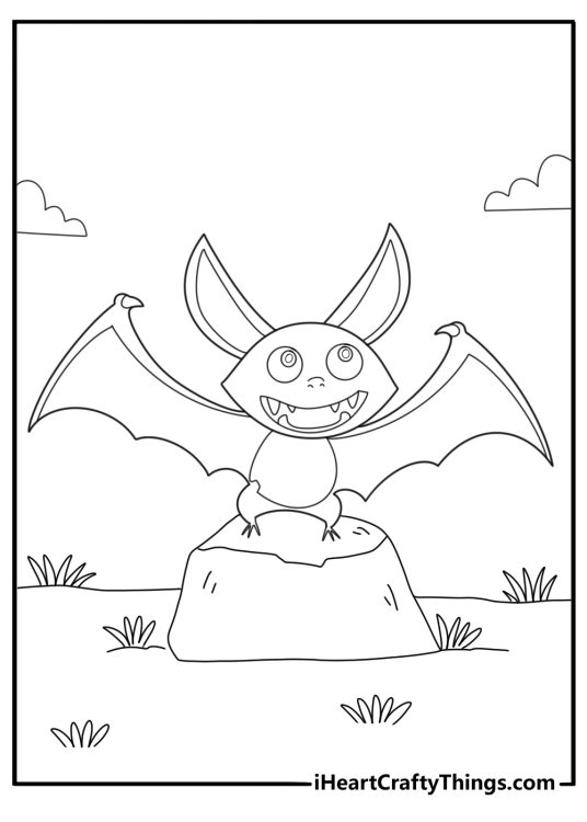 Vampire bat coloring sheet perched on a rock for adults detailed