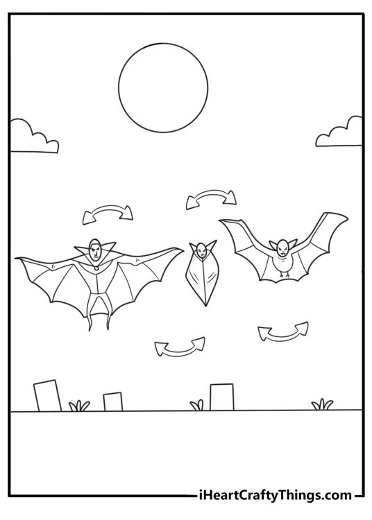 Vampire bat transformation sequence in three panels easy coloring sheet