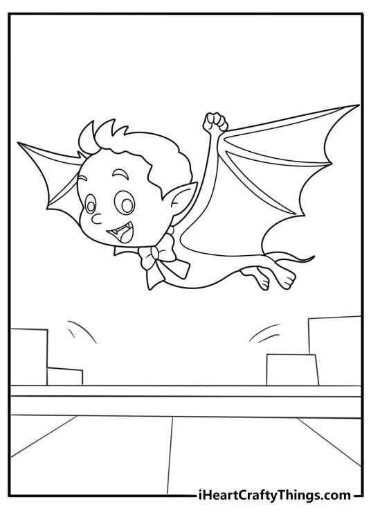 Vampire boy gliding low over rooftops with wide cape printable pdf coloring