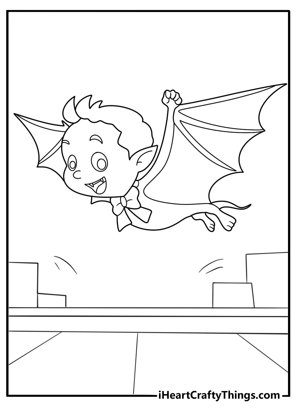 Vampire boy gliding low over rooftops with wide cape printable pdf coloring