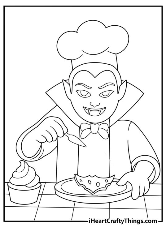 Vampire chef baking bat shaped cookies in a cozy kitchen easy coloring page for kids
