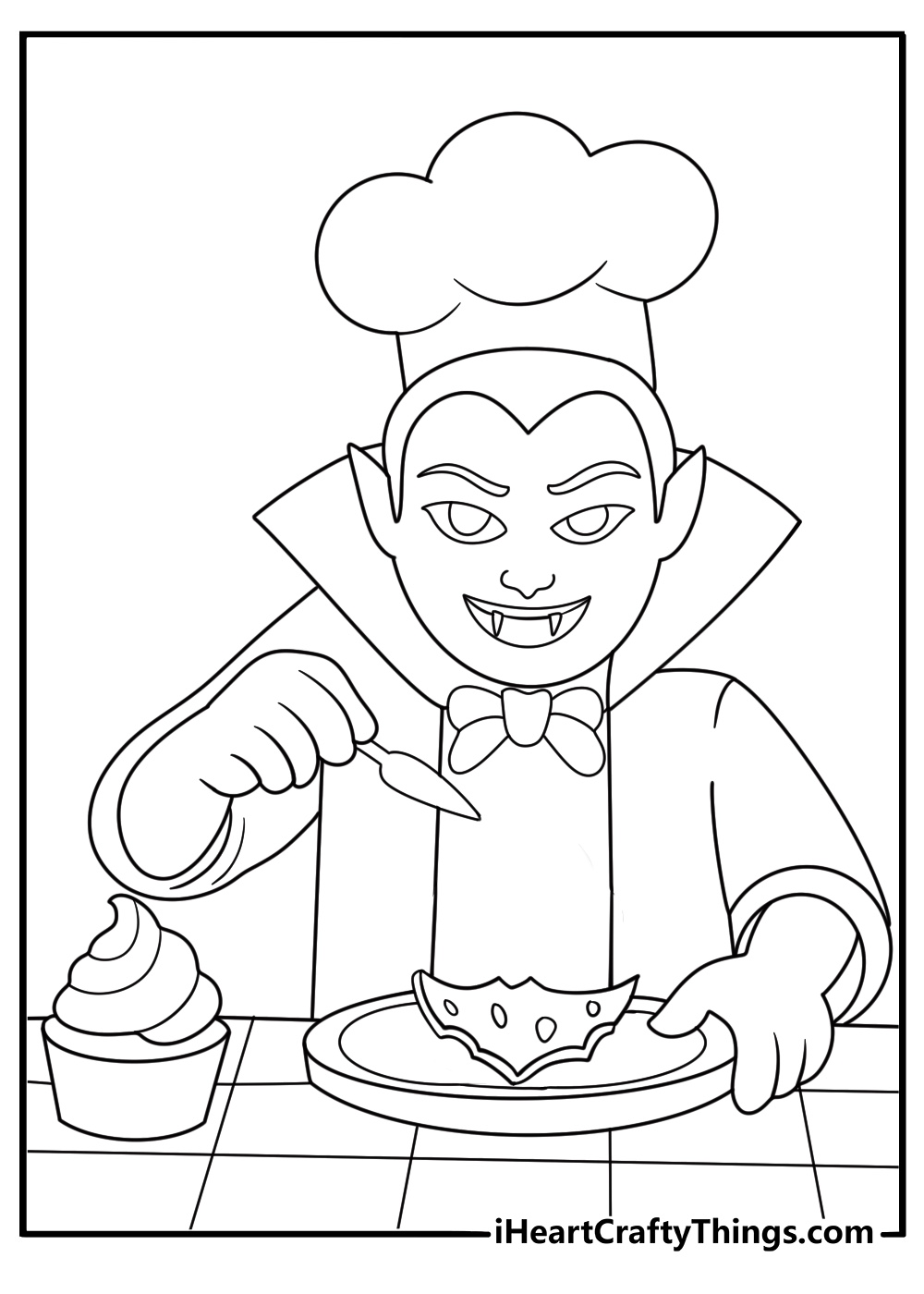 Vampire chef baking bat shaped cookies in a cozy kitchen easy coloring page for kids