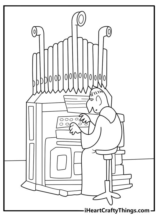 Vampire count playing a giant pipe organ in a dark hall coloring page