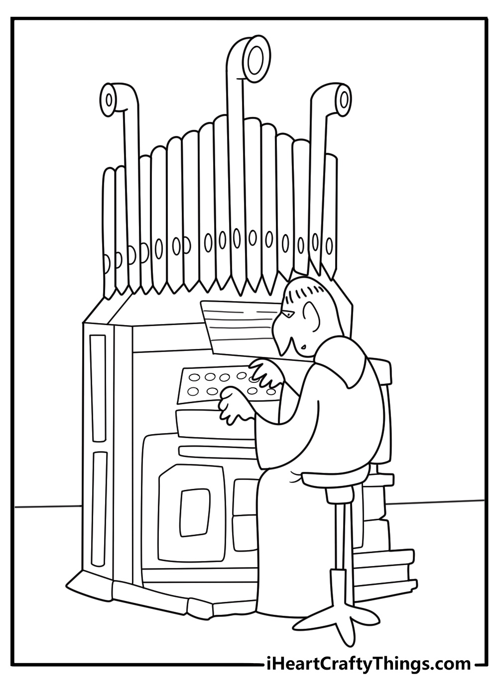 Vampire count playing a giant pipe organ in a dark hall coloring page