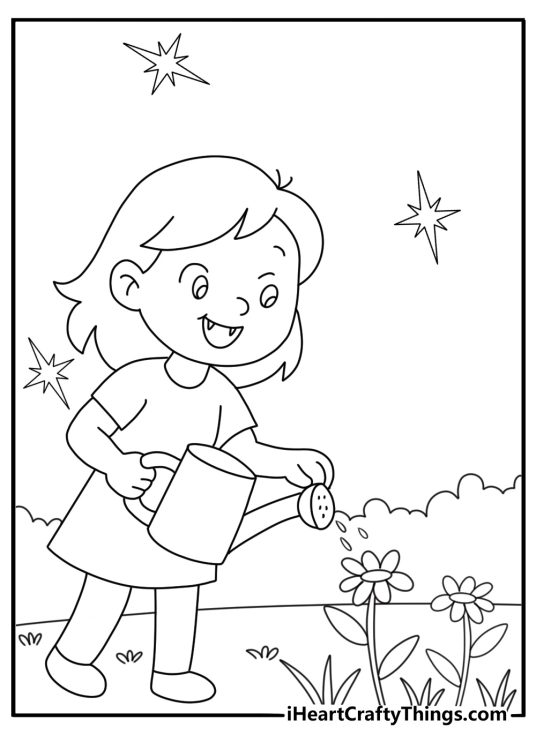 Vampire gardener watering night blooming flowers in a moonlit garden simple coloring sheet