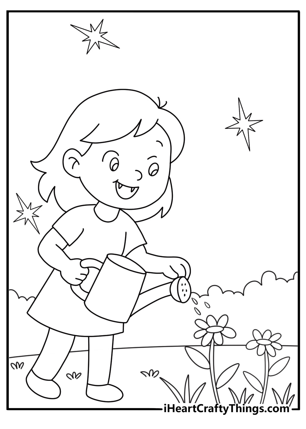 Vampire gardener watering night blooming flowers in a moonlit garden simple coloring sheet