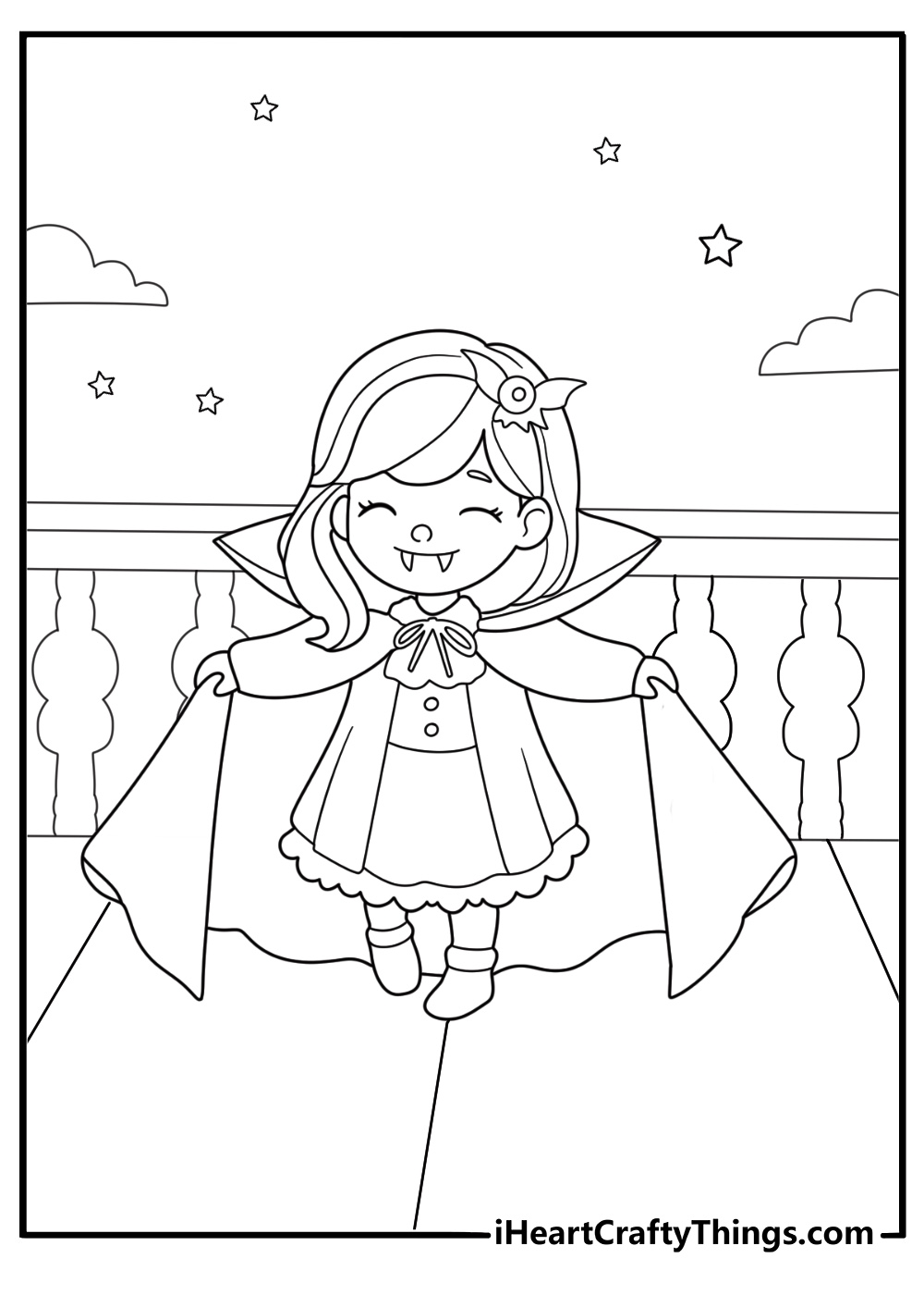 Vampire girl coloring sheet on a castle balcony with flowing cape and starry sky