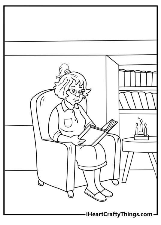 Vampire librarian reading an ancient book by candlelight printable coloring sheet