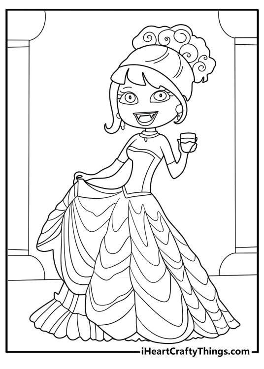 Vampire princess in a ball gown at a masquerade in a grand hall coloring poster