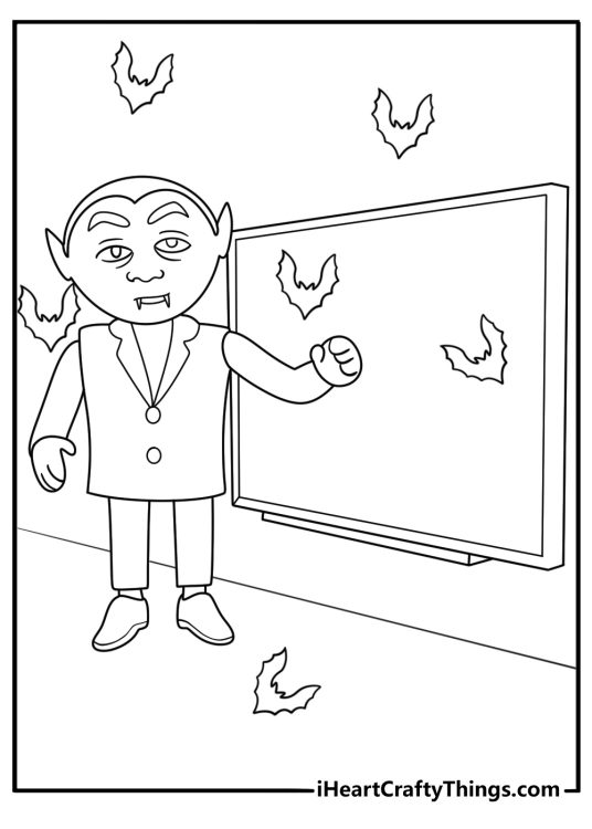 Vampire teacher at a chalkboard helping little bats learn the alphabet kawaii coloring page