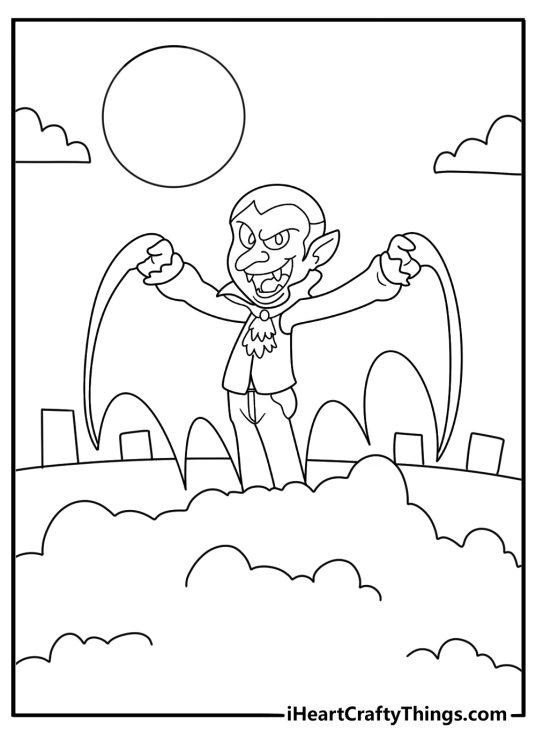 Vampire turning into mist drifting through graveyard gates downloadable coloring page