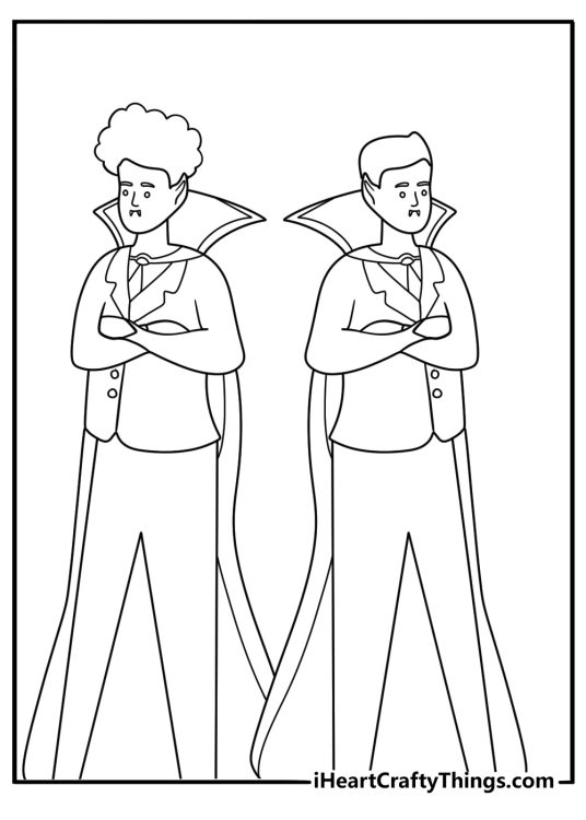 Vampire twins standing back to back with swirling capes action style coloring page