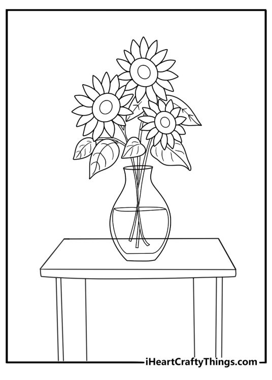 Vase of sunflowers on a table simple coloring sheet for kids