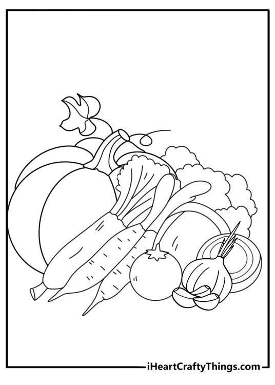 Vegetables coloring page featuring a lot of vegetables including garlic radish pumpkin and other