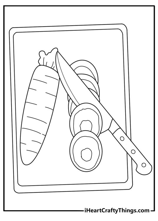 Vegetables coloring page featuring sliced carrot rounds on board