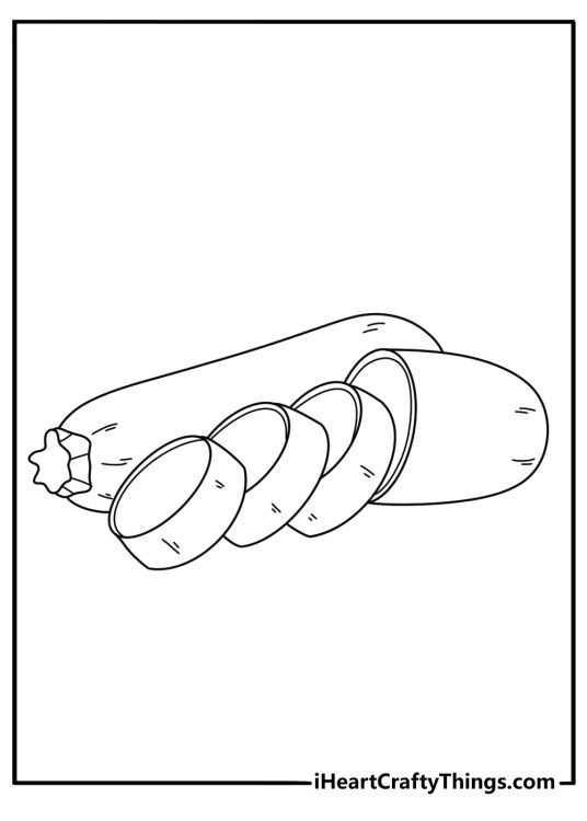 Vegetables coloring page featuring zucchini whole and sliced