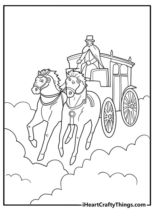 Victorian style vampire in a horse carriage rolling through fog detailed coloring sheet