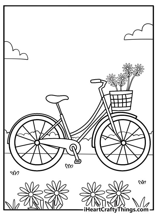 Vintage bicycle with basket of daisies coloring page pdf