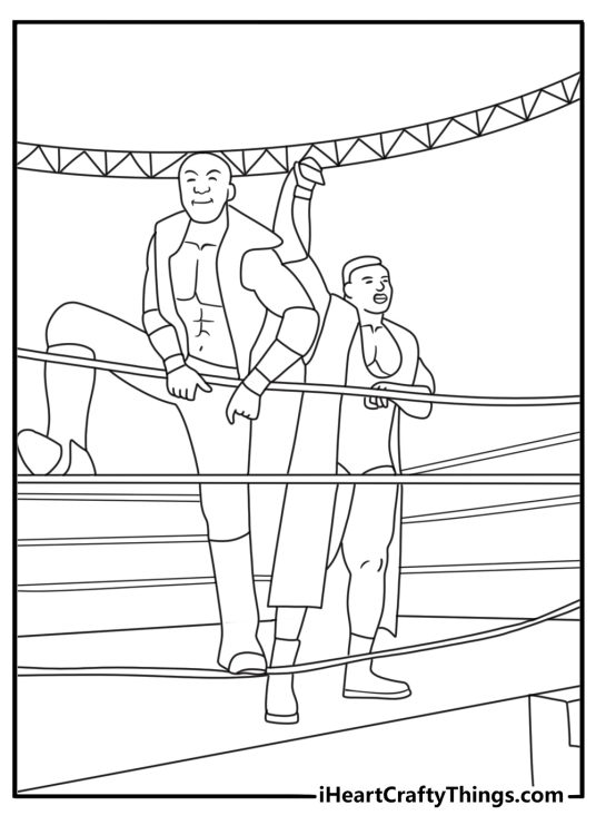 WWE coloring page for kids with a tag team standing on ring ropes