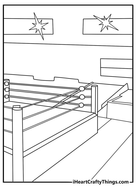 WWE coloring page with a wrestling ring and bright entrance lights