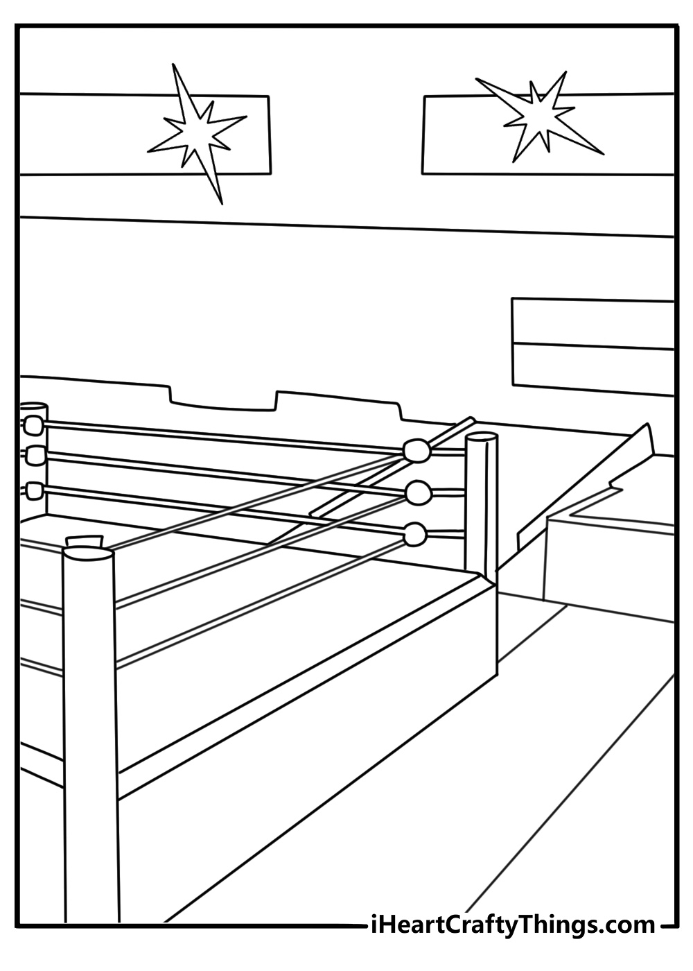 WWE coloring page with a wrestling ring and bright entrance lights